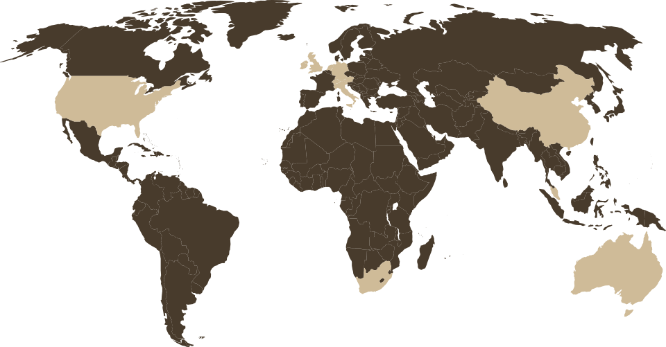 A world map highlighting countries where Holger Wöltje supports customers: the United States, the United Kingdom, Switzerland, the Netherlands, Germany, Italy, Australia and China.