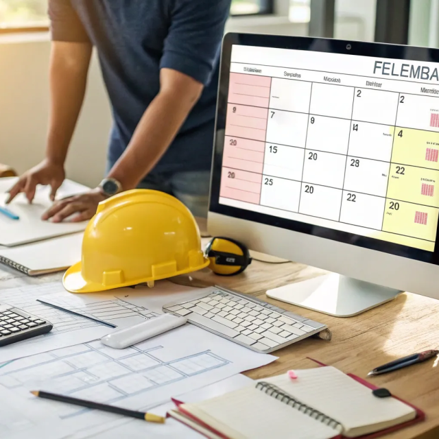 Construction site calendar on the computer, blueprints, helmets, and office supplies on the desk.