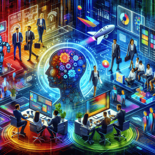 Digital illustration with AI head, teams at the screen, and symbols for digital collaboration in the office.