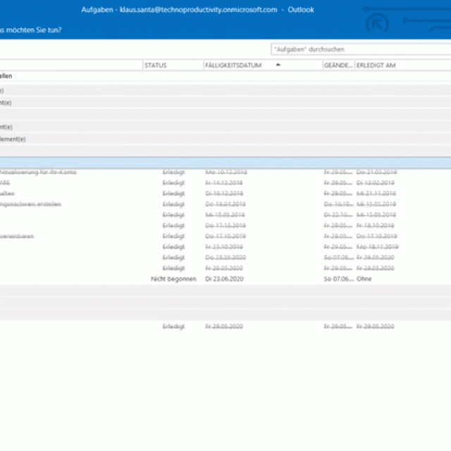 Screenshot from the e-learning course: Outlook tasks categorized and grouped – the "Project A" category is expanded, showing all associated tasks, while the list with other groups is collapsed.