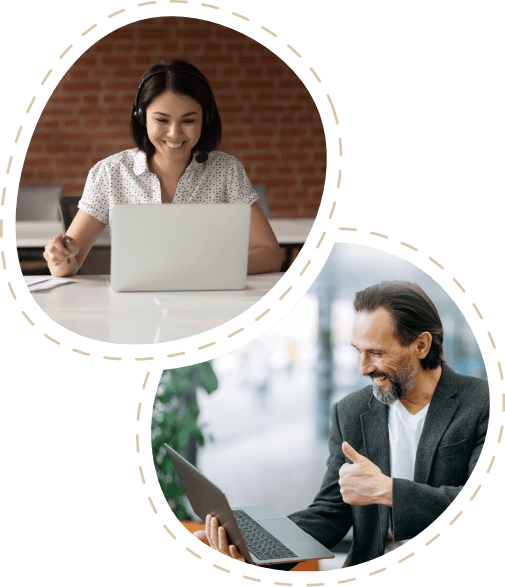 Two employees in an in-house online seminar: a woman with headphones and a man giving a thumbs-up while using laptops.