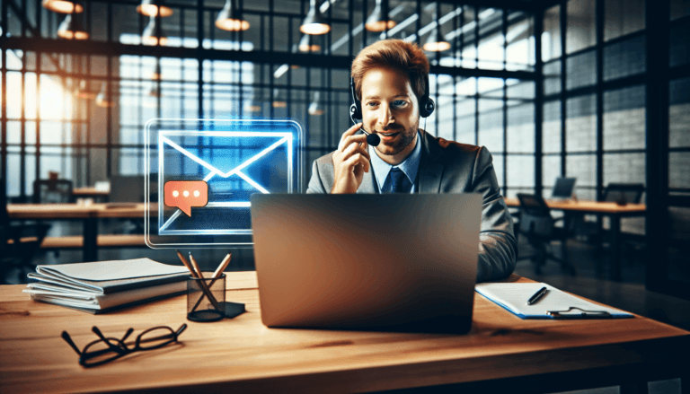 A man in a suit sits at his laptop and dictates an email into Outlook via a headset – this is effective time management, as it saves him from extensive typing.