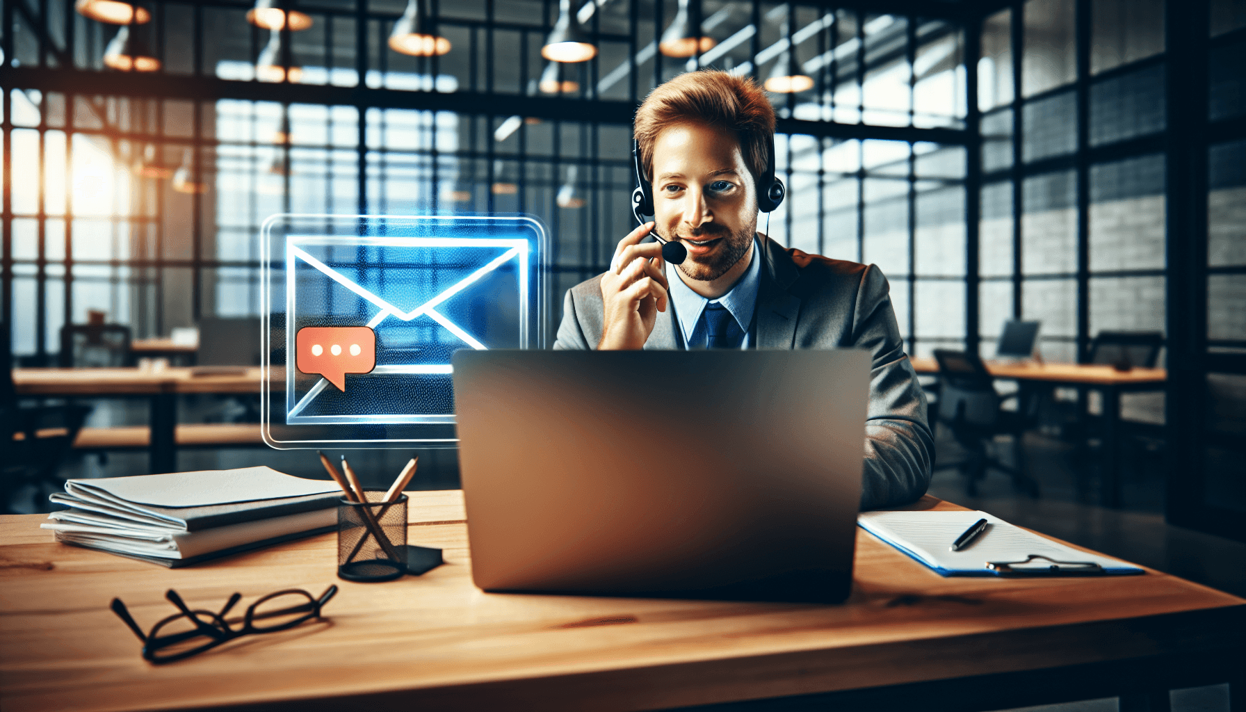 A man in a suit sits at his laptop and dictates an email into Outlook via a headset – this is effective time management, as it saves him from extensive typing.