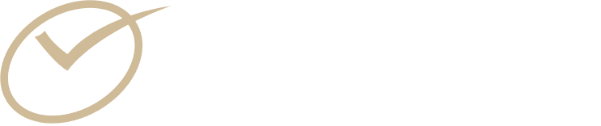 WHITE logo “Holger Wöltje zeit-im-griff.de”: completed checkbox in the shape of a clock in light beige and the text in white, for dark backgrounds.