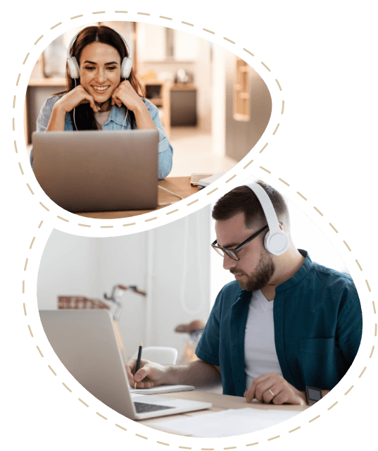 Two participants in an online seminar wear headphones and work on laptops.