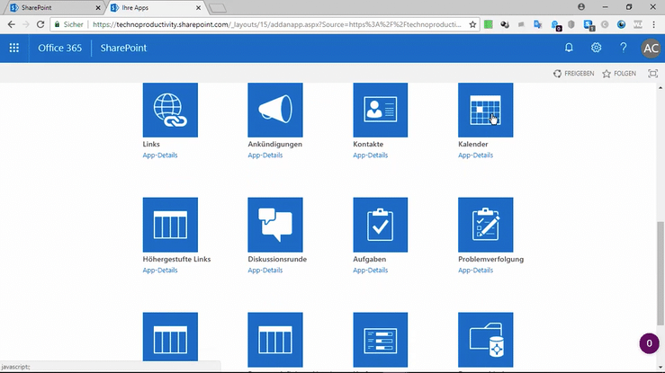 Screenshot of a SharePoint page with calendar, tasks, and document library. Ideal for SharePoint video course tutorials.