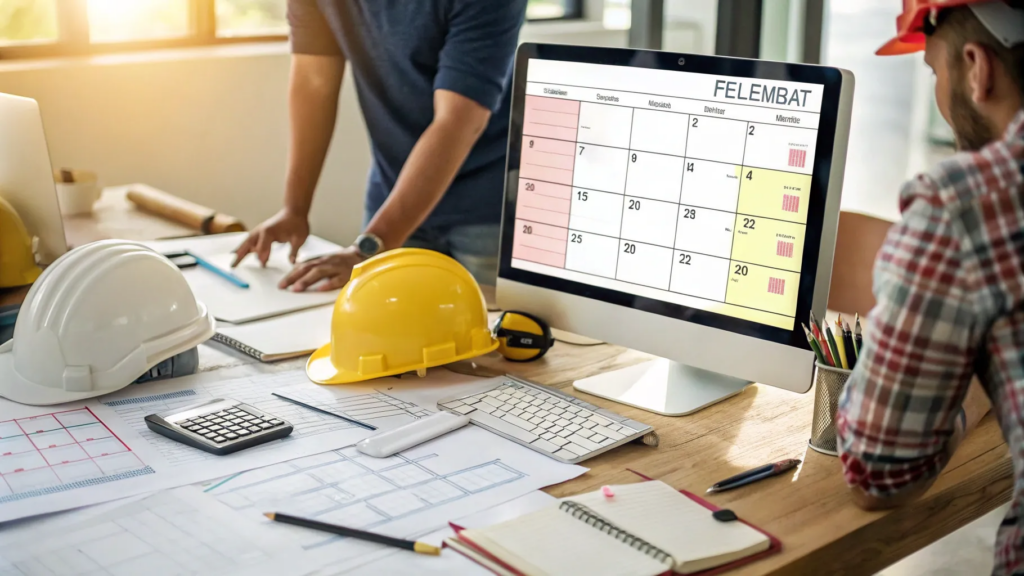Construction site calendar on the computer, blueprints, helmets, and office supplies on the desk.